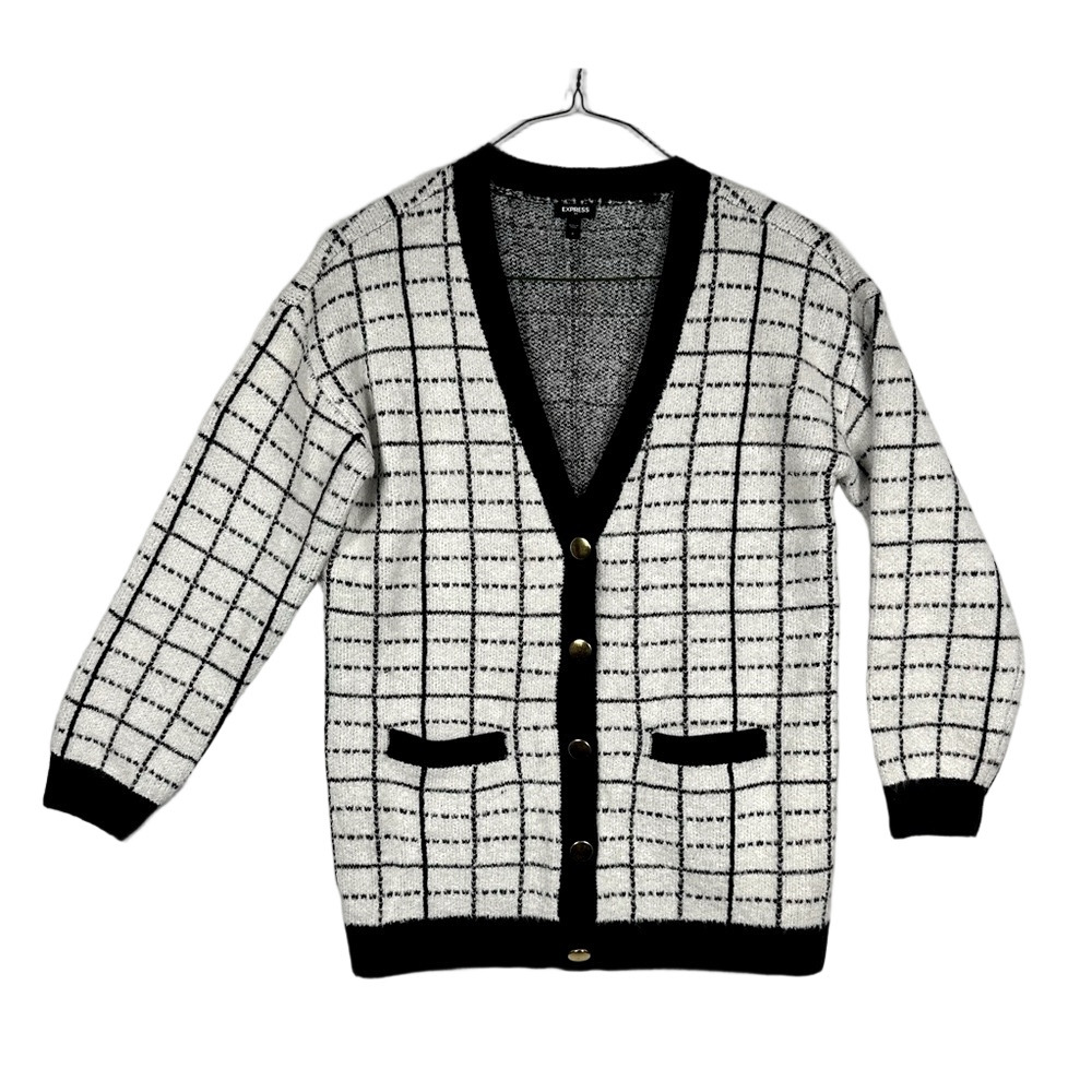 Express Thick Black and White Knit Cardigan with Gold Buttons Size Small